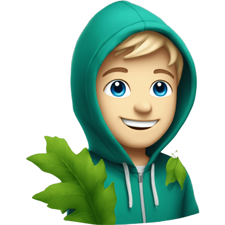 smiling Caucasian boy with blue eyes in hoodie surrounded by green leaves and smoke emoji