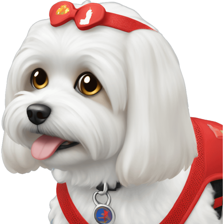 Maltese wearing a red service dog vest with to bleck straps emoji