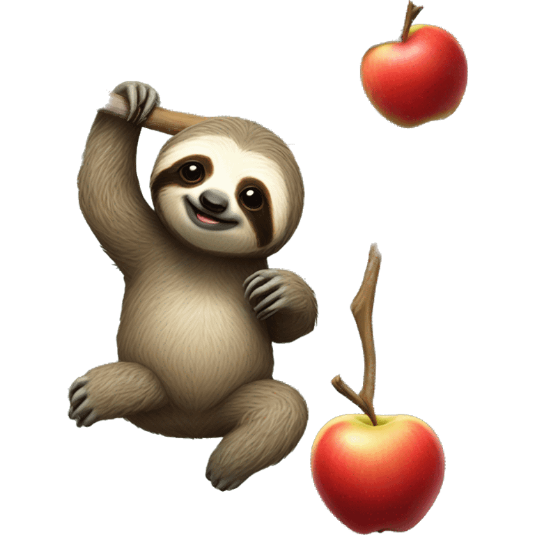 realistic full body sloth hanging from branch and holding a small red apple emoji