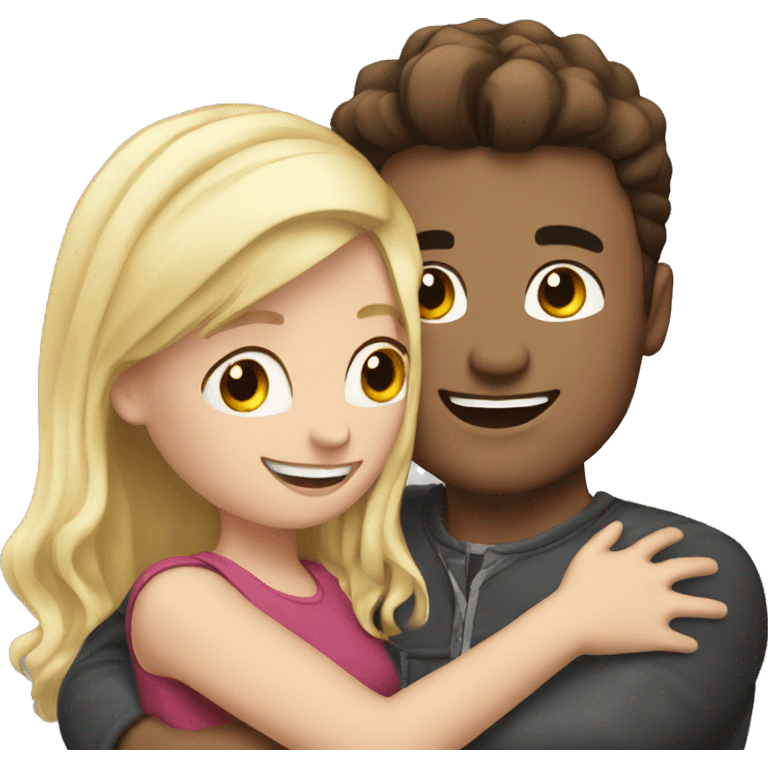 brunette guy hugs blonde girl.  emoji