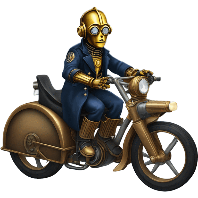 C-3PO wearing a pair of navy-blue rimmed steampunk goggles, hat, leather chaps, fringe jacket riding a fast 3 wheeler trike steampunk motorcycle on ice  emoji