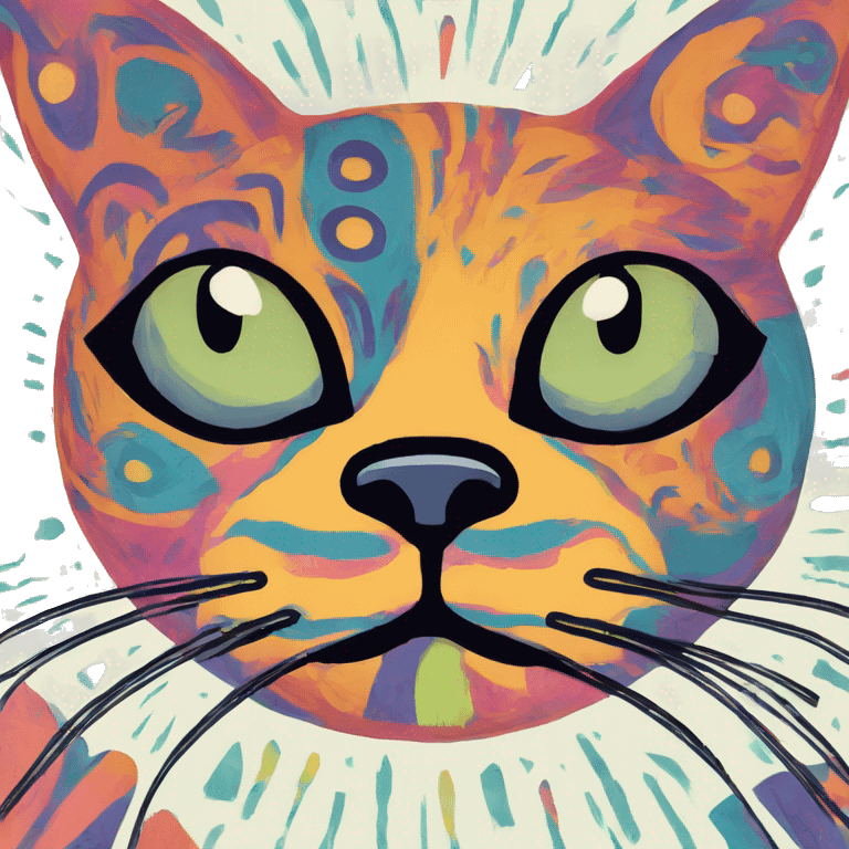 Abstract quirky funky cat made of different shapes and squiggles linocut multicoloured illustrations  emoji