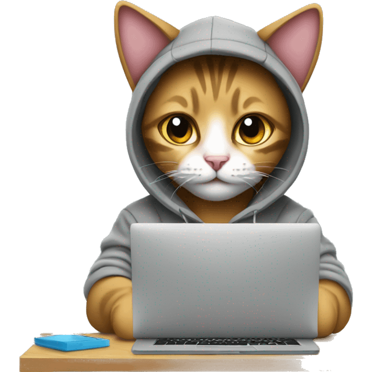 cat is a graphic designer in a hoodie and headphones, working at a computer in photoshop emoji