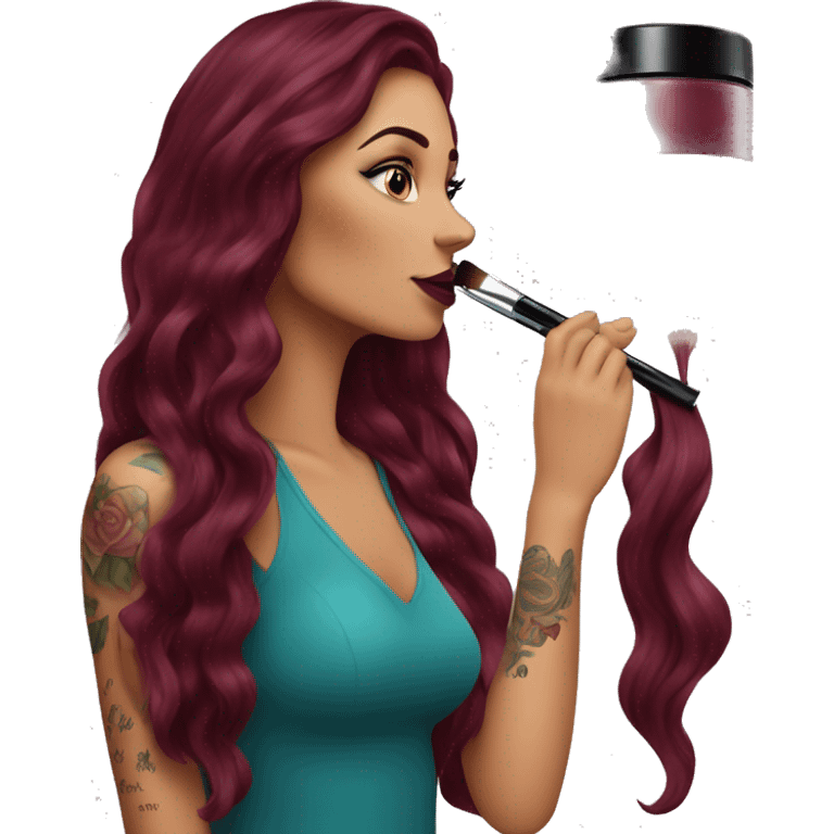 Beautiful tattooed burgundy long haired woman doing her makeup emoji