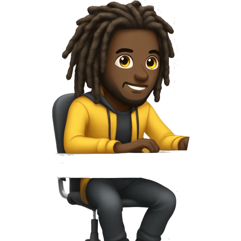 Black-guy-with-dreads-wearing-trackstuit-sitting-down-on-chair-facing-desk-foward-focused-on-laptop-computer- emoji