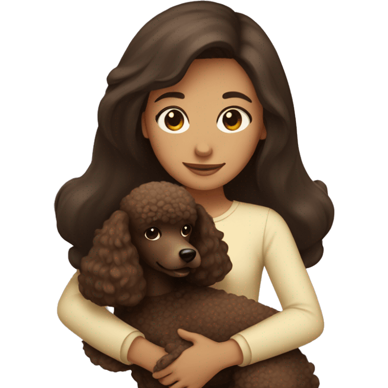 Girl with straight dark brown hair hugs a brown poodle emoji