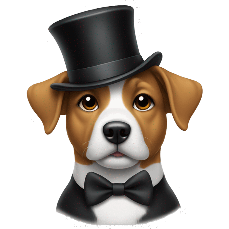 Dog wearing a top hat with a black t shirt that says hi  emoji