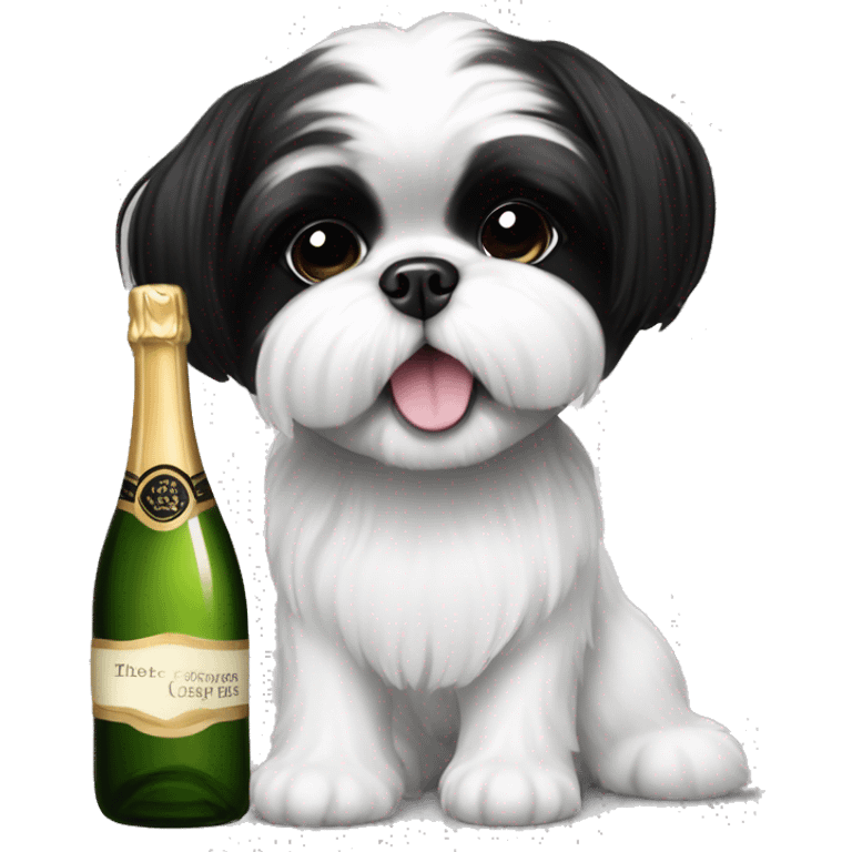 A cute black and white shih tzu playing with a bottle of champagne  emoji