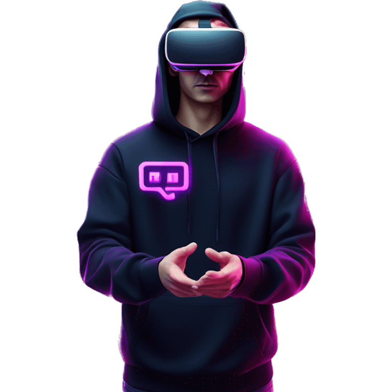 Russian man wearing a black hoodie with "OMG" letters on it and VR headset oculus quest 2 in a cyberpunk VR environment with violet neon lighting. Showing direction with hand emoji