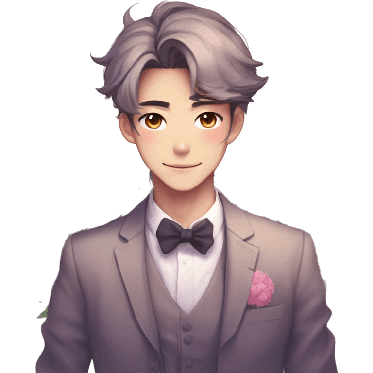 Gorgeous romantic anime style Asian formal modern gentlemanly guy with cat ears and flowers and blushing face aesthetic trending style outside with colorful gradient colors emoji