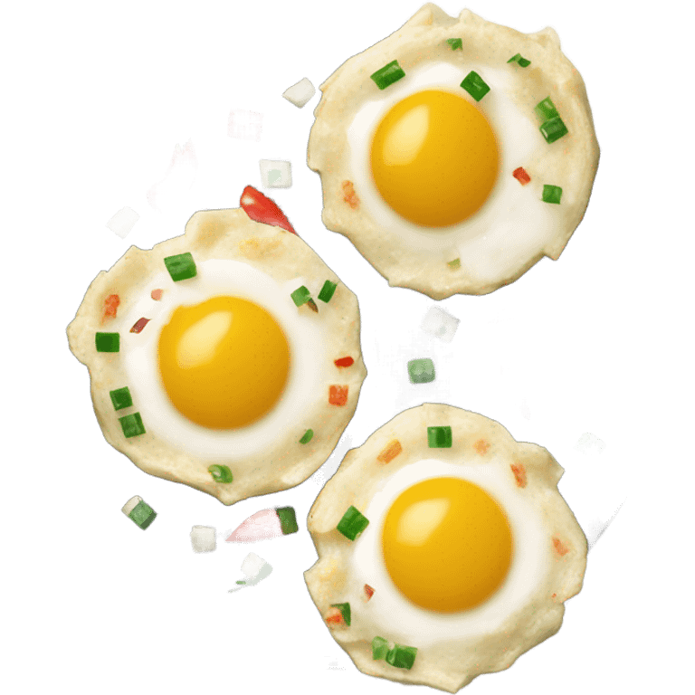 Two small circular egg white omelette bites with speckled red pepper and green onions emoji