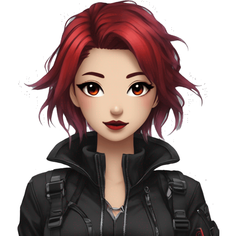 Gorgeous techwear anime style lady with blushing face aesthetic and pretty edgy black red punk hair with hair garment and collar  and harness trending style emoji