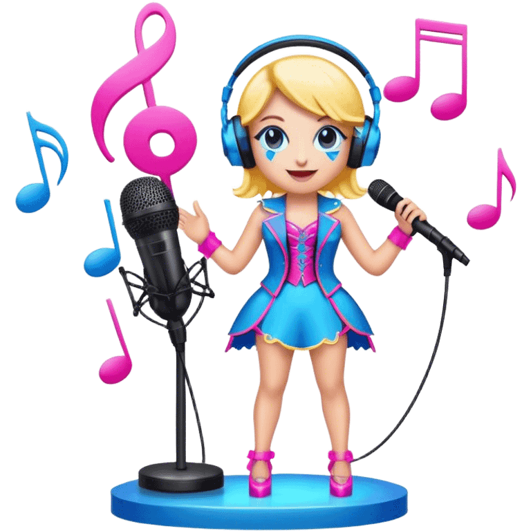 Create a vibrant and energetic emoji that represents pop or stage vocal performance. The design should feature a microphone on a stand, musical notes, and an illuminated stage or spotlight to symbolize the live performance aspect. Add an elegant stage costume, such as a suit or glamorous outfit, to emphasize the theatrical side of pop singing. Include elements like studio headphones, a music mixer, or a soundboard to reflect the modern, studio-based nature of pop vocal performance. Use bright colors like neon pink, electric blue, and gold to convey energy, creativity, and the glamour of the stage. The background should be transparent. emoji