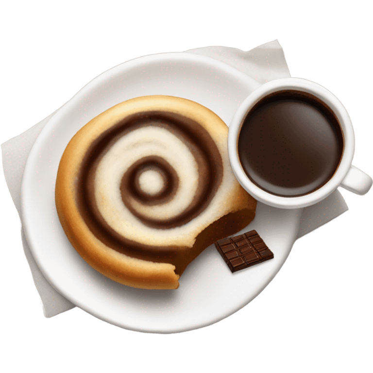 Cinnamon Roll next to coffee and with a piece of chocolate emoji