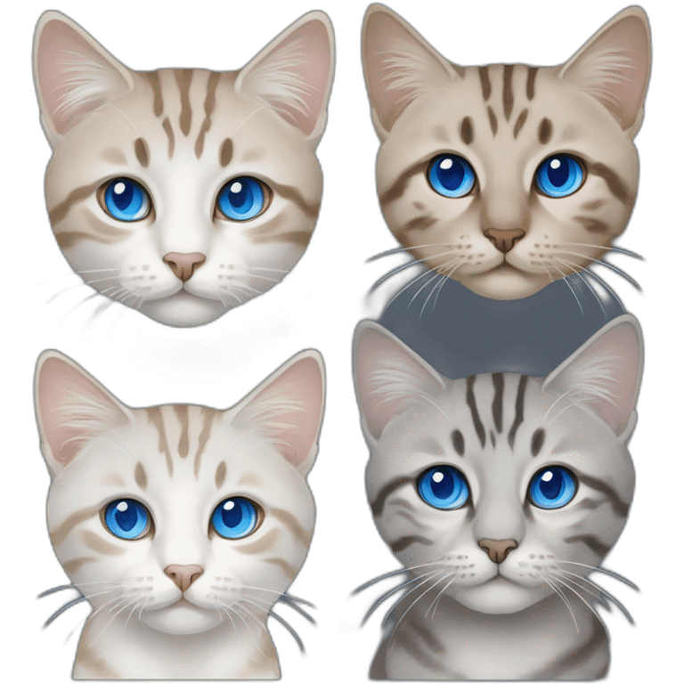 three cats, 1 lynx point with blue eyes, 1 white and white tabby with blue eyes, 1 all black with blue eyes emoji