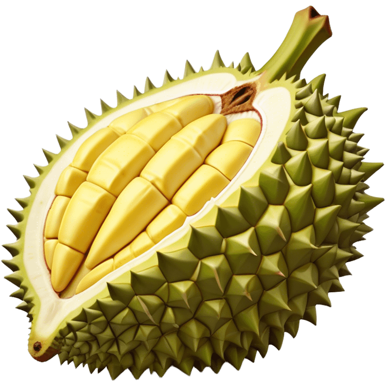 Cinematic Realistic Durian Fruit Dish Emoji, depicted as the notorious spiky fruit with a rich, custardy interior rendered with lifelike detail and bold, distinctive lighting. emoji