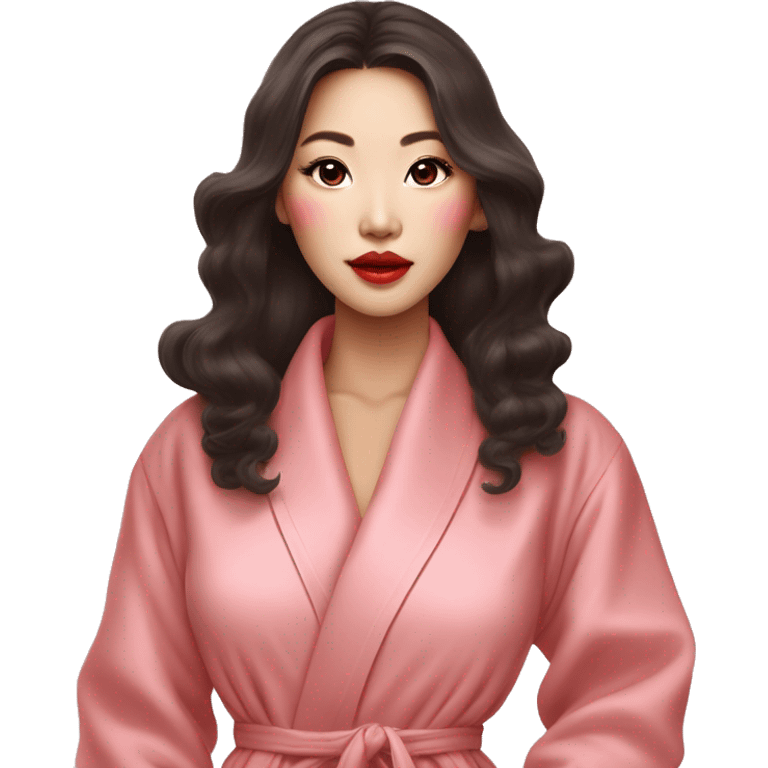 a beautiful korean woman with big lips, long eyelashes and long curled hair paints her lips with terracotta lipstick, she is dressed in a pink luxury housecoat emoji