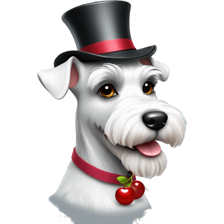 White fun schnauzer wearing top hat with cherries emoji