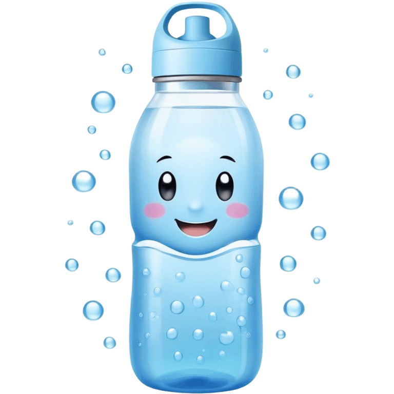 Cute Kawaii Water Bottle, round and bubbly, soft blue with tiny water droplets around, a happy smiling face, gentle glowing highlights, fresh and refreshing vibes! emoji