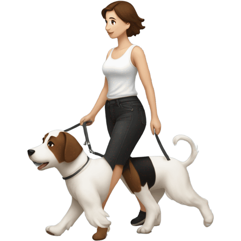 Woman with short brown hair in black tanktop walking one large white terrier emoji