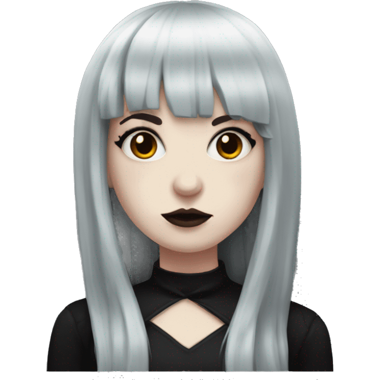 goth girl that has porcelain skin and Long Dark red hair and fringe bangs and is wearing black emoji