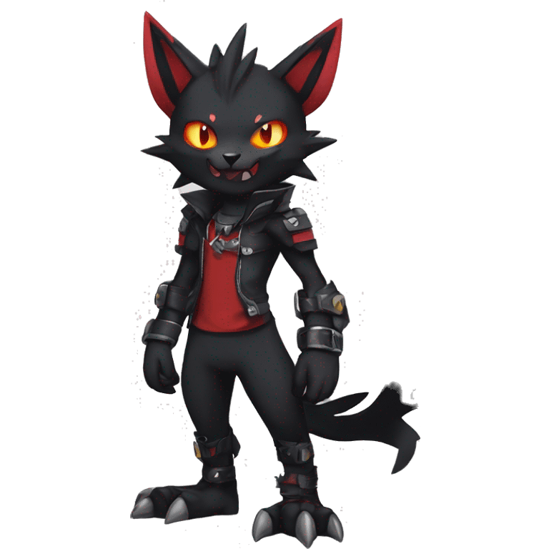 Black Anthro Cool Punk Noibat-Litten-Fakemon-fursona with fangs and red markings Full Body emoji