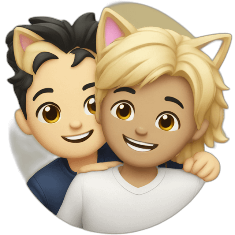 Gay couple, 1 Latino black hair, the other one Australian blonde hair with a cat in the middle laughing emoji