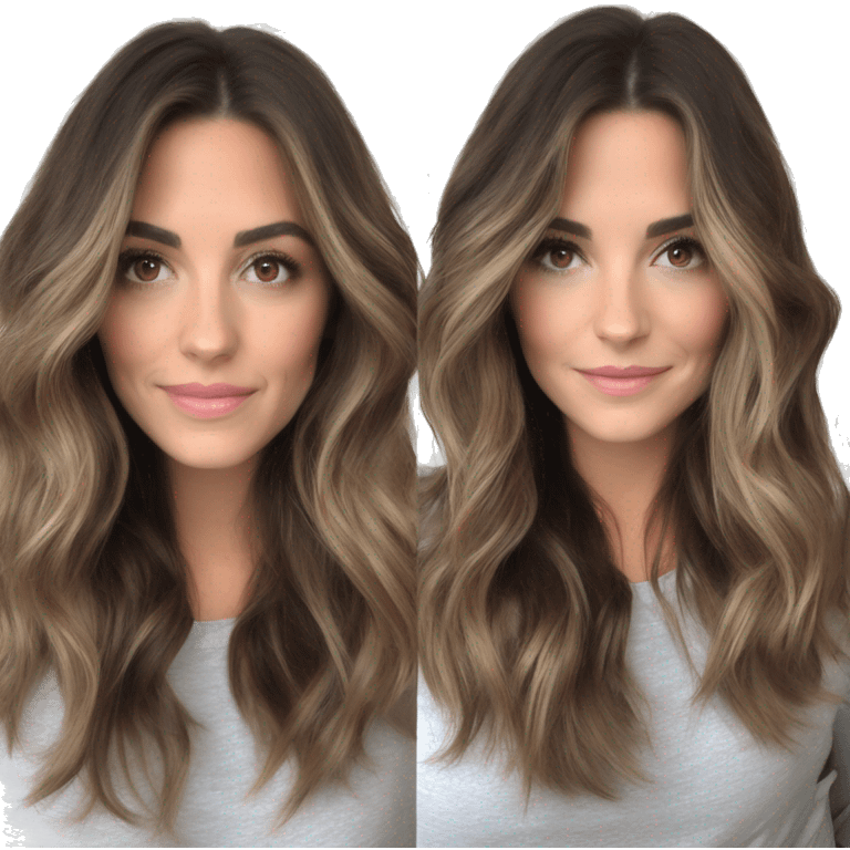 White girl brown eyes with medium length voluminous brown hair with brown highlights balayage spa emoji