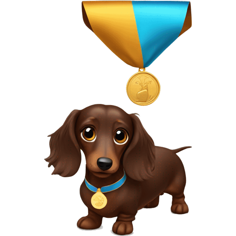 chocolate long-haired dachshund with a medal emoji