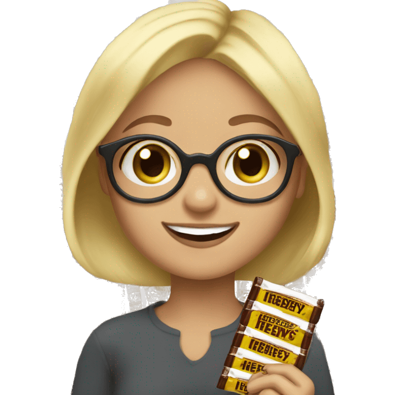 blonde girl with glasses eating a hersheys chocolate bar emoji