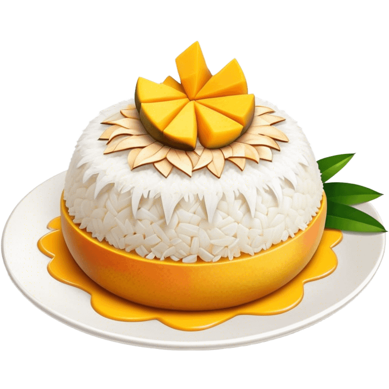 Mango Sticky Rice Cinematic Realistic Mango Sticky Rice Dessert Emoji, depicted as sticky rice drizzled with coconut milk topped with a layer of coconut cream, accompanied by sliced mango on the side of the plate, rendered with vivid textures and warm, tropical lighting. emoji