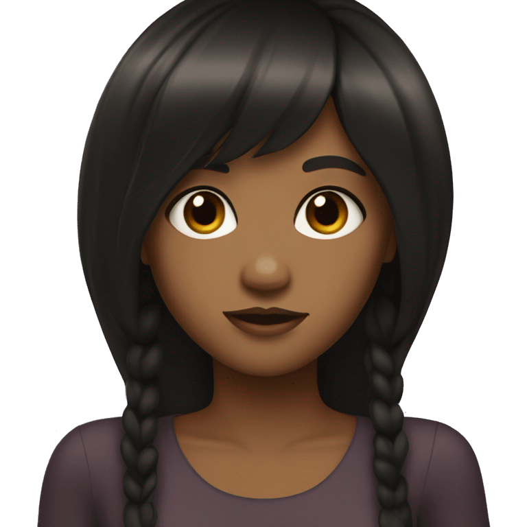 A brown girl who has with a thick fringe and long thick black hair, with brown eyes. Nice body  emoji