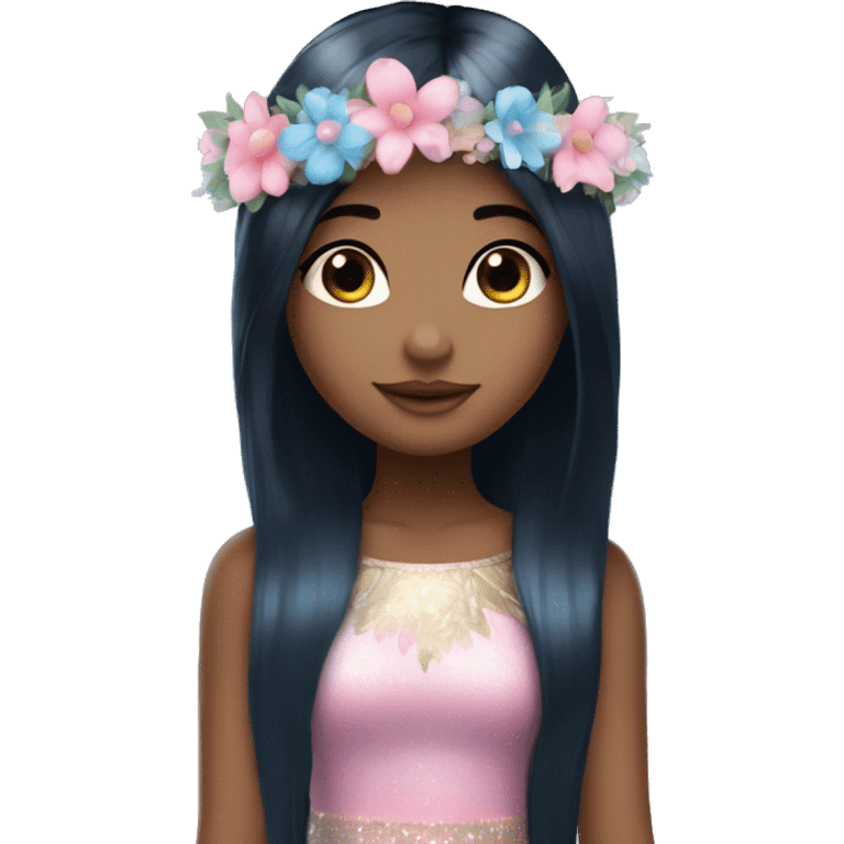 Fairy girl with straight long black hair, blue eyes, medium light skin, sparkly wings, a pink and blue dress and a flower crown and blue eyes emoji