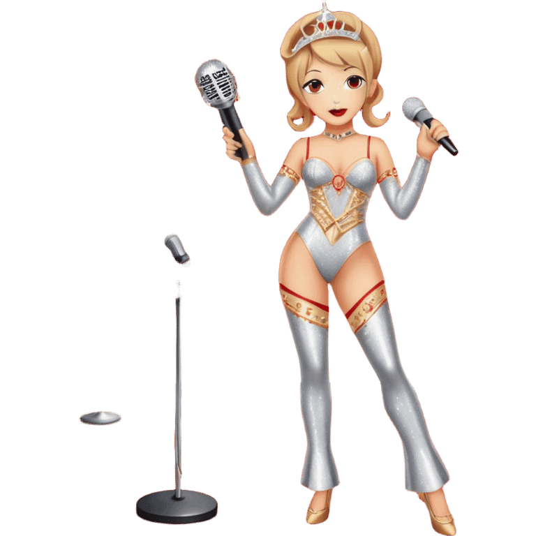 Create a glamorous and vibrant emoji that represents pop vocal performance. The emoji should feature a vintage stage microphone on a red carpet, with a spotlight shining on it. The stage should be empty but illuminated with concert lights, creating an atmosphere of excitement. Add elements like a festive firework display and a sparkling costume with rhinestones. Surround the scene with a ribbon made of musical notes to symbolize the connection to music. Use bright colors like gold, red, and silver, with a touch of sparkle to convey the glamour and energy of pop vocal performance. The background should be transparent. emoji