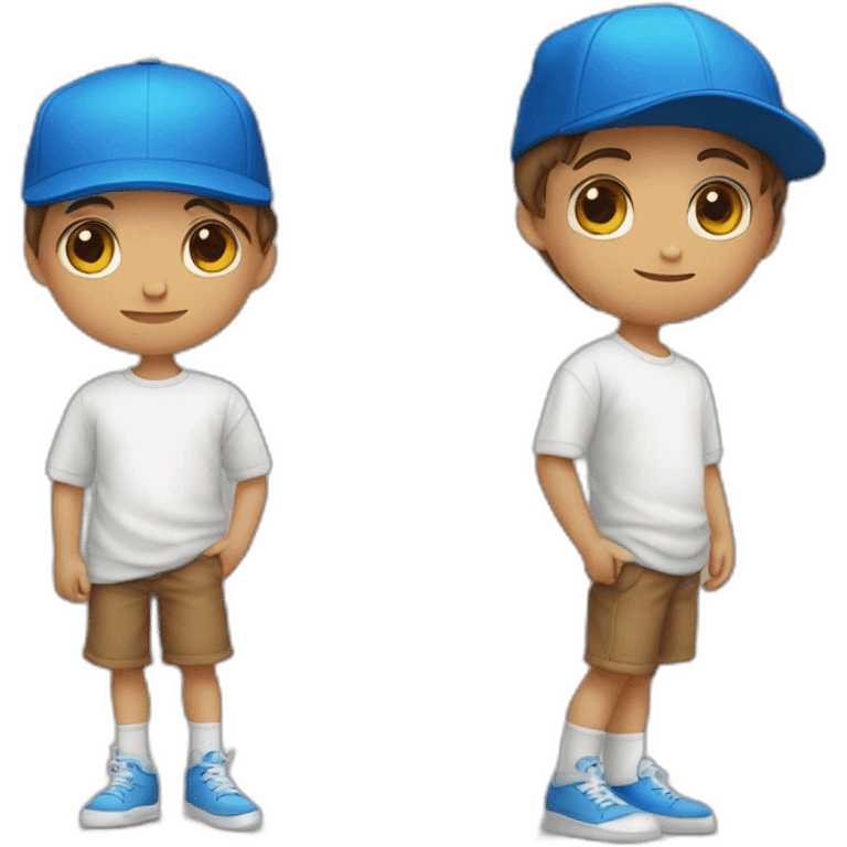 Niño con ojos azules, color castaño, piel blanca, con gorra blanca, vestimenta de sudadera emoji