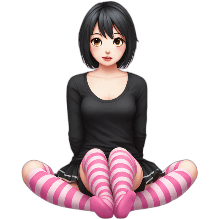 full body Front view emo girl sits on the floor black skirt pink knickers striped stockings emoji