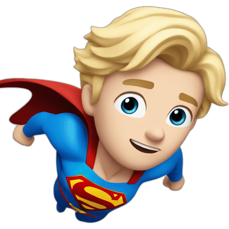 flying superman, blue eyes, blond hair, Pixar style emoji