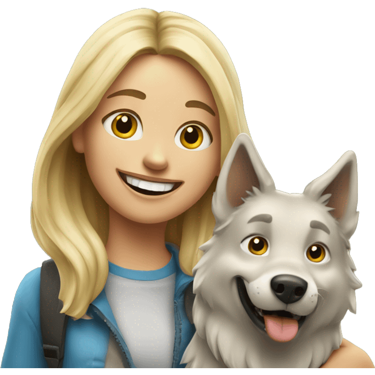 happy blond girl with Wolf dog outdoors emoji