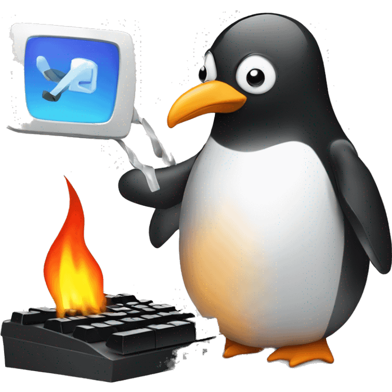 penguin working with keyboard on the fire emoji