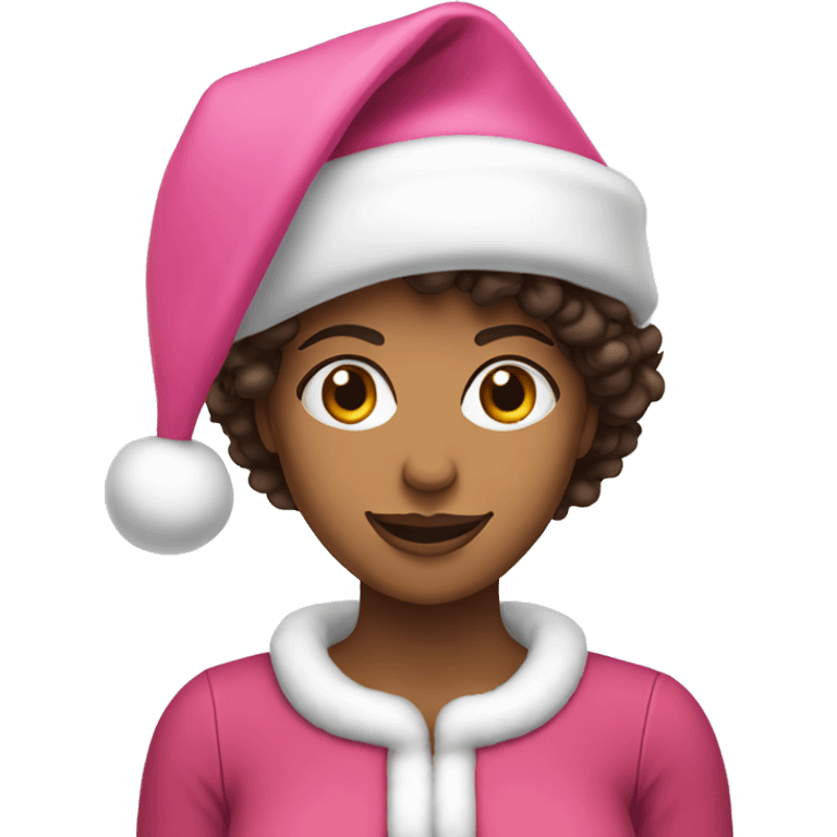 Tan woman with dark brown curly hair wearing pink Santa hat emoji