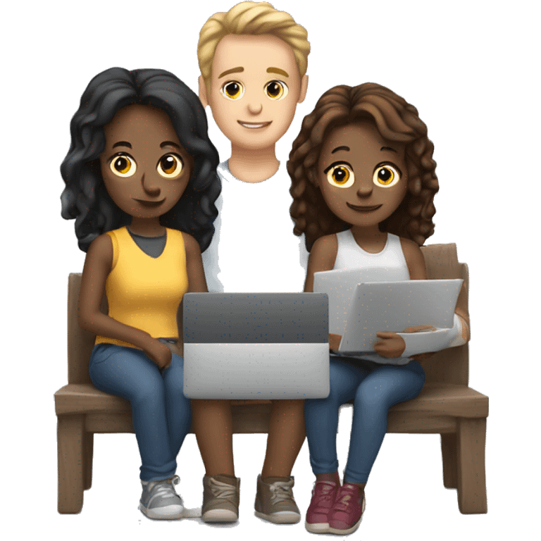 2 girl and 3 man each of them holding laptop and sit together  emoji