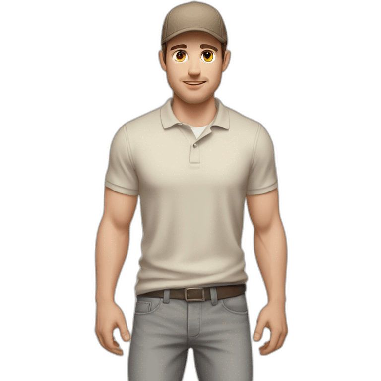 Pale skinned fit Man with dark brown hair in a beige cap, gray jeans, brown polo and white T-shirt keeping a pasted with tape white box into his hands emoji