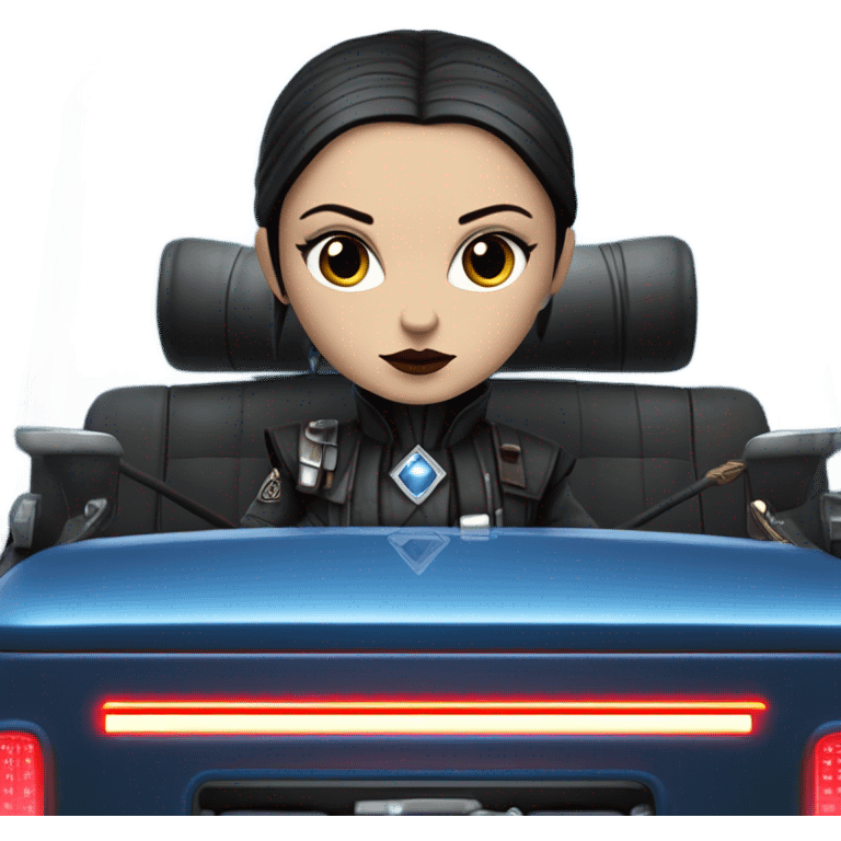 Jedi bounty hunter Wednesday Addams racing sitting in a modern blue,red and pewter steampunk electric luxury emoji