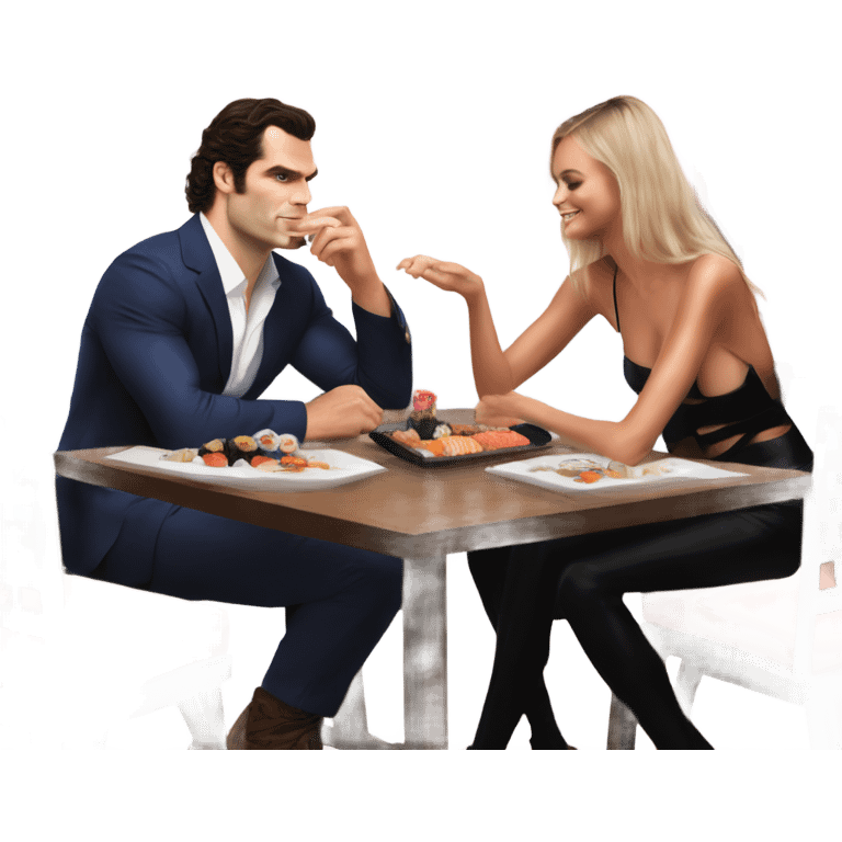 realistic photo of Henry Cavill with a beautiful  victoria secret model on a sushi date emoji