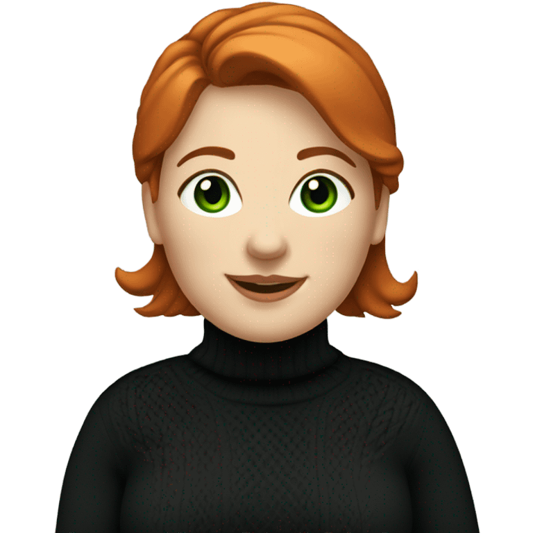 smiling red haired chubby female with green eyes dressed in white turtleneck and black sweater emoji