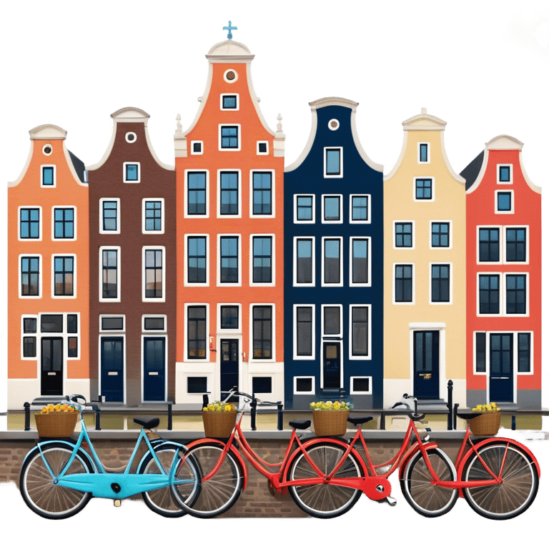 Cinematic Realistic Amsterdam Canal Houses Landmark Emoji, featuring narrow, gabled facades in vibrant colors reflecting on the calm canal waters, with bicycles lining the cobblestone streets. emoji