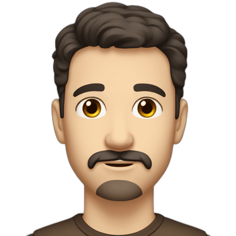 A young Caucasian man with dark brown, almond-shaped eyes, short dark brown hair, and a small dark brown beard with a more prominent mustache. emoji