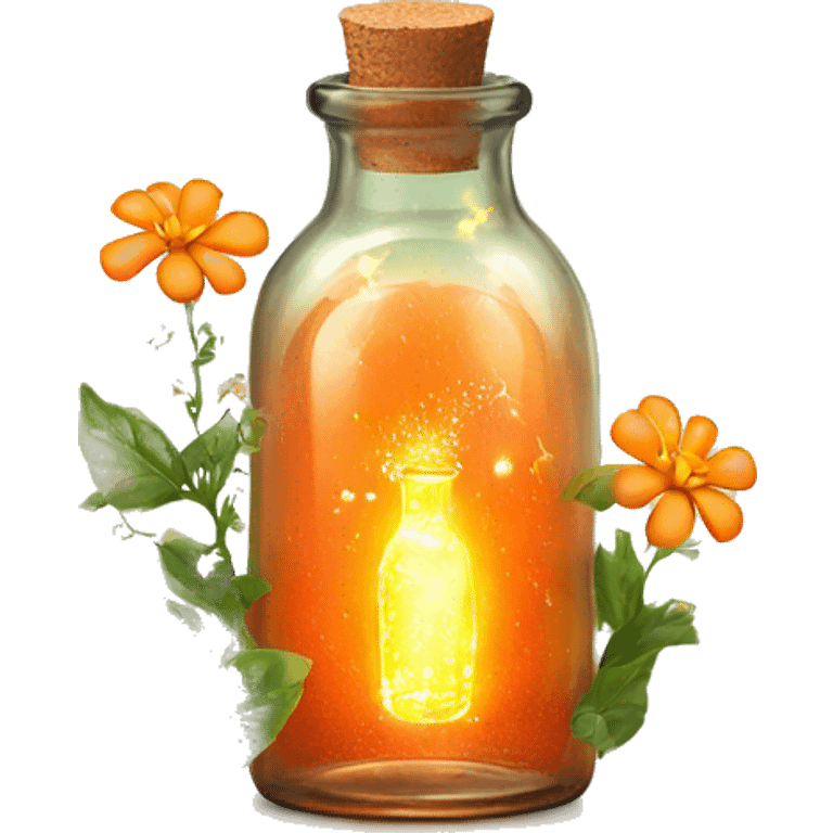 Orange magic fairy light sparkling old Antique bottle with poison and with herbal and flowers emoji