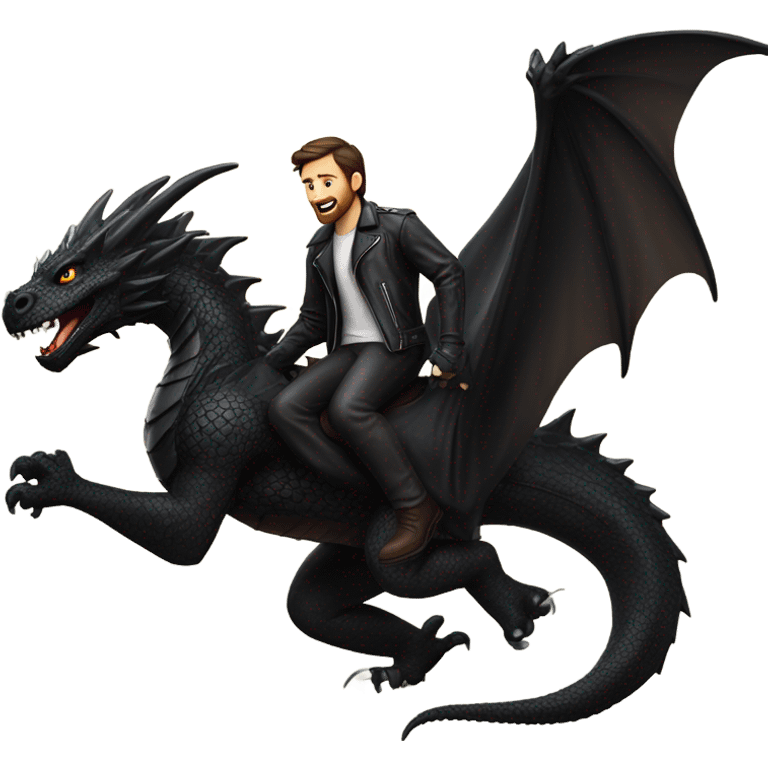 Confident White Man with dark brown hair and a short beard wearing black leather jacket and pants riding on the back of a giant black dragon emoji