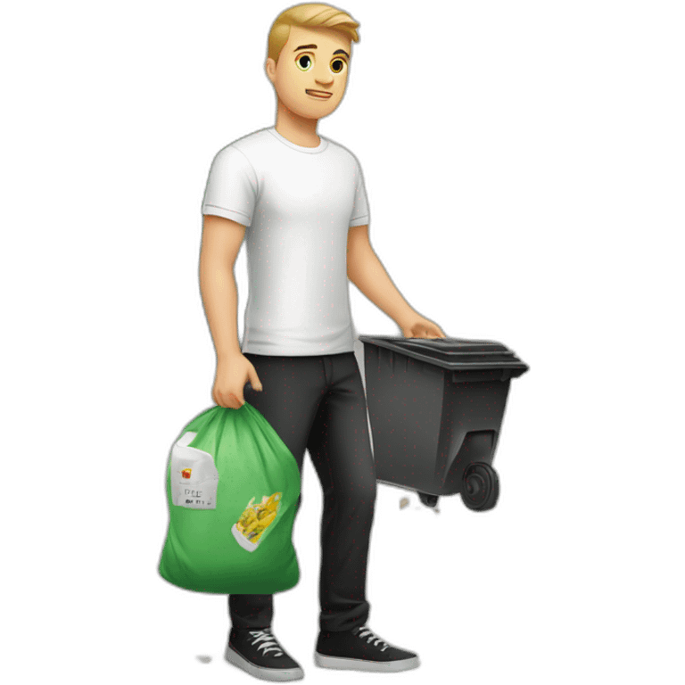 Slavic guy in a white T-shirt and black trousers throws out garbage emoji